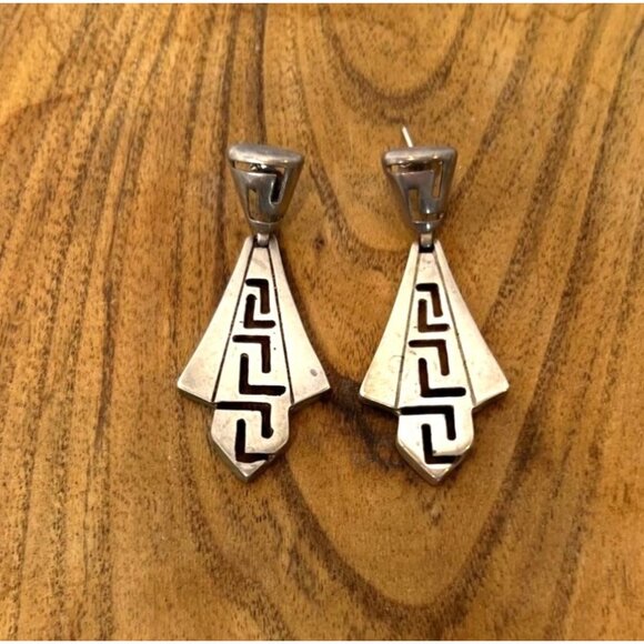 Vintage Sterling Silver 925 Greek Key Meander Dangle Hinged Pierced Earrings - Picture 2 of 6